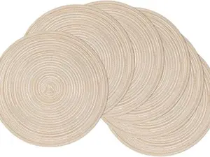Round Placemats Set of 6 Cotton Polyester Braided Place Mats 15 inch Heat Resistant Washable Table Mats for Kitchen Dining Party Natural Table Decor (Beige, 6)