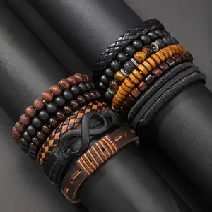 12pcs Men‘s Beaded Leather Bracelets, Vintage Ethnic Style Faux PU Wooden Stone Bead Handmade Elastic Rope Bracelets for Men and Women, Birthday Gift, Daily Wear, Thanksgiving Christmas Gift