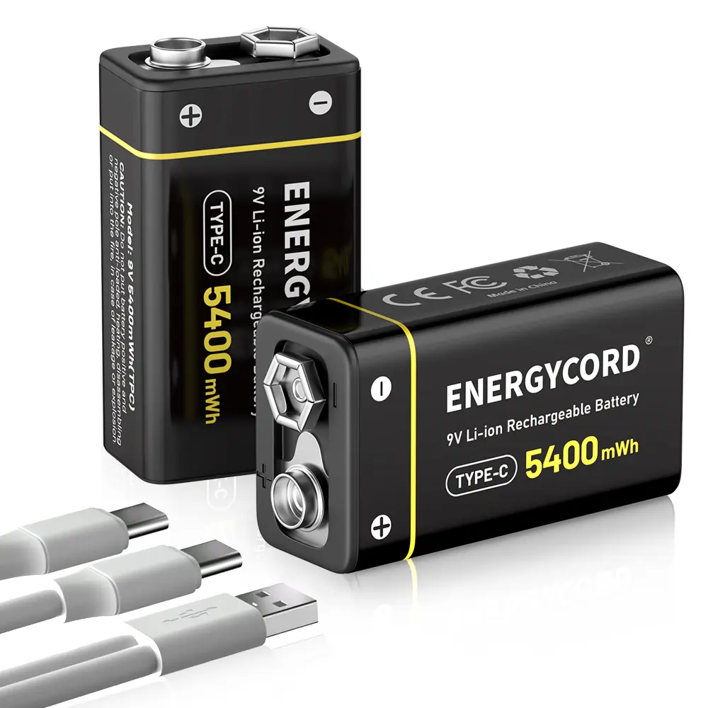 ENERGYCORD 2 Pack Rechargeable 9V Batteries, 5400mWh 9 Volt Lithium-ion Long Lasting Power, USB-C Recharge with 2 in 1 Charging Cable for Smoke Alarms,Multimeters,Microphones,Walkie-Talkie,Toys