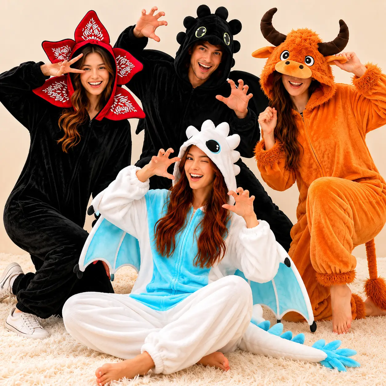 Couple Onesie Pajamas, Adult Jumpsuits for Christmas & Role-Playing, Multiple Styles: Black & White Dragon, Cow, Man-Eating Flower Long Sleeve Loungewear Homewear Nightwear