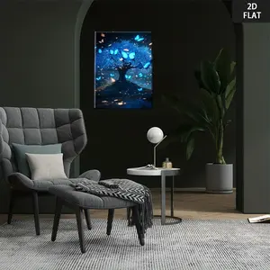 2D Flat, 2D Flat Tree of Life Wall Art with Blue Butterflies - Glowing Night Sky Canvas Painting in Wrapped Wood Frame, Vibrant Blue & Black Nature-Themed Focal Point for Living Room, Bedroom, Office Decor - Modern Art Deco Style Home Decoration fo
