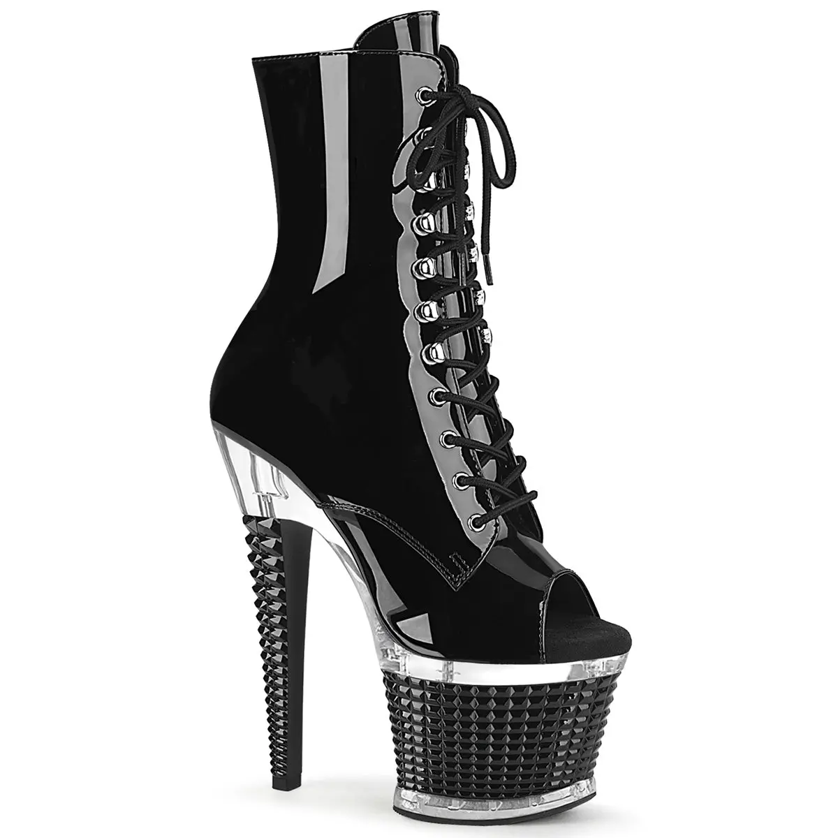 Pleaser Spectator-1021 Women's Lace-Up Statement Shoes - 7" Heel Ankle Boots, Black/Clear Open Toe, 3" Textured Platform Footwear, All Seasons, Evening