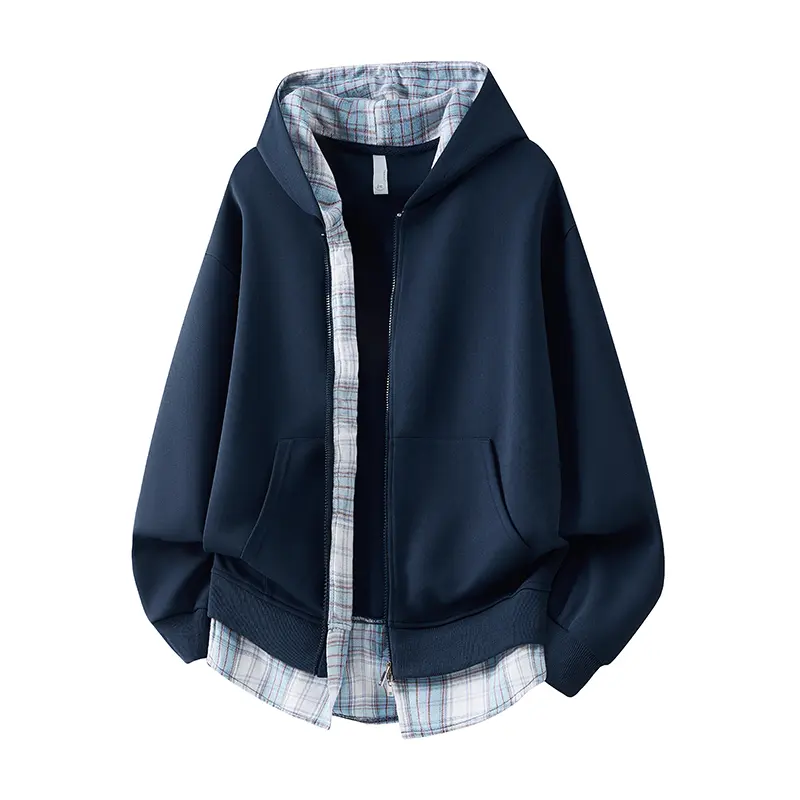 Men's Fake Two-Piece Hooded Zip Up Sweatshirt With Plaid Lining, Spliced Hem Casual Jacket, Layered Soft Top For Campus Shopping Students Daily Commute