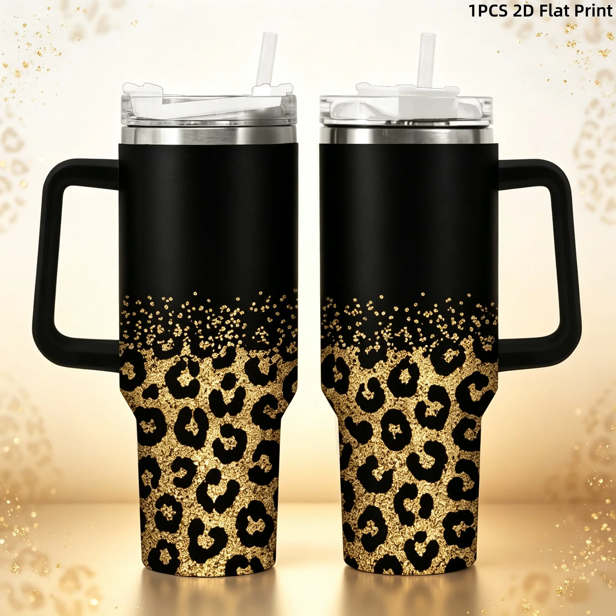 40oz Black Gold Glitter Leopard Print Stainless Steel Thermal Tumbler with Handle, Lid, Straw, Gradient Full-Wrap Insulated Cup, Trendy Animal Pattern Travel Mug, Stylish Fashion Gift for Women, Flasks