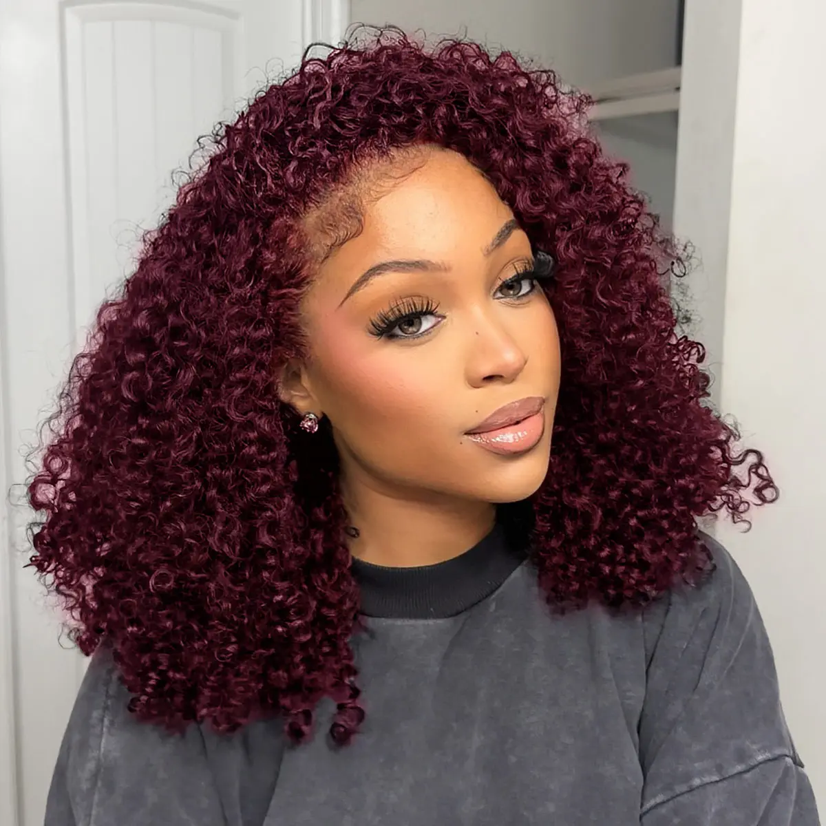 OQ HAIR 99J Burgundy Half Wig Human Hair 250% Density Kinky Curly Red Colored Flip Over Drawstring Glueless Wigs Beginner Friendly