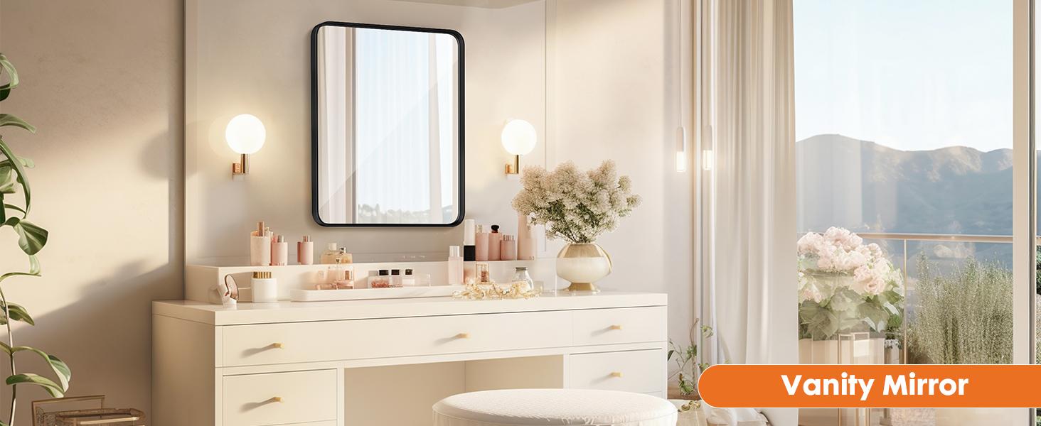 【Deal】Bathroom Mirror Wall Mirror for Bathroom Black Metal Framed Rounded Corner Rectangle Vanity Mirror, Large Mirrors for Wall, Anti-Rust& Waterproof
