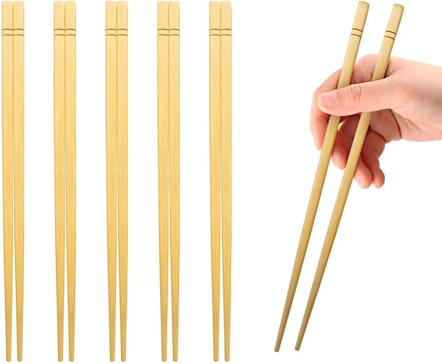 Reusable Straight Bamboo Handle Wooden Chopsticks (5 Pairs, 9.5 in) - Classic Minimalist Design, Eco-Friendly, Durable, Healthy Natural Bamboo, Non-Plastic Kitchen Cutlery for Everyday Use, Crafting Tableware