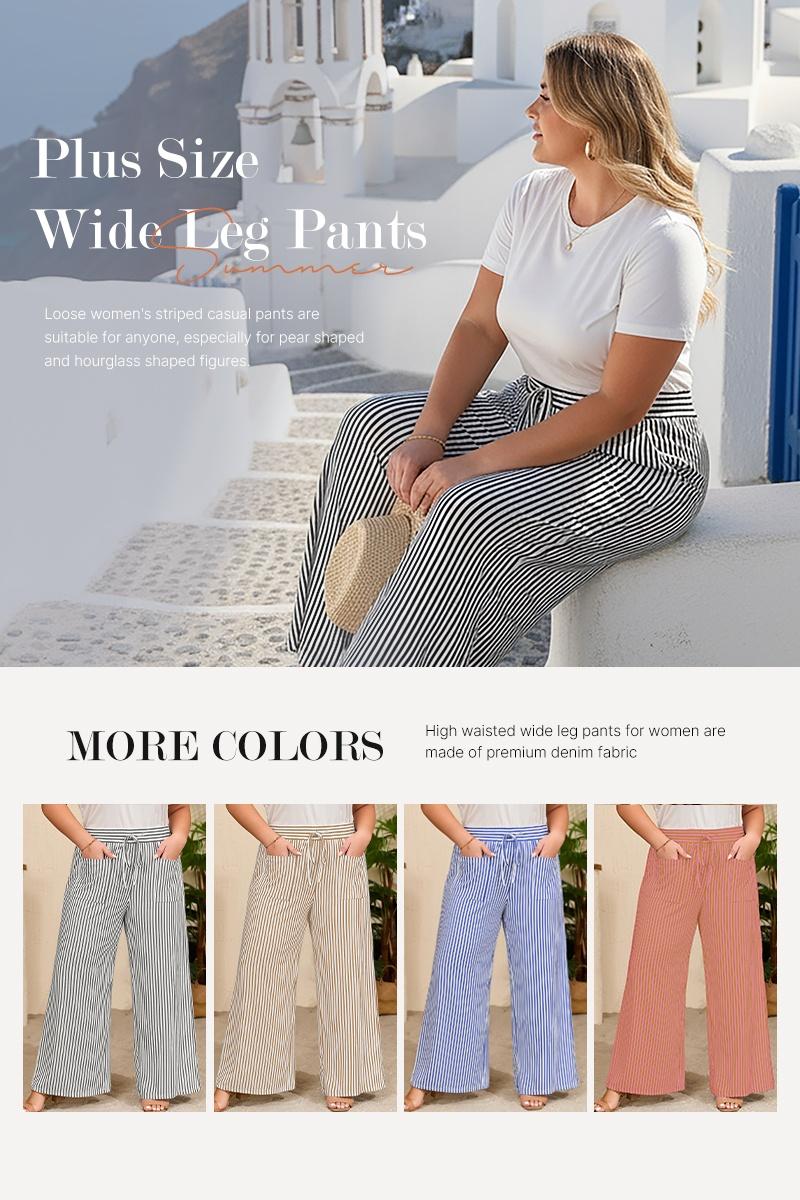 Eytino Womens Plus Size Wide Leg Pants Elastic High Waist Striped Casual Palazzo Pants Lounge Trouser with Pockets (1X-5X)
