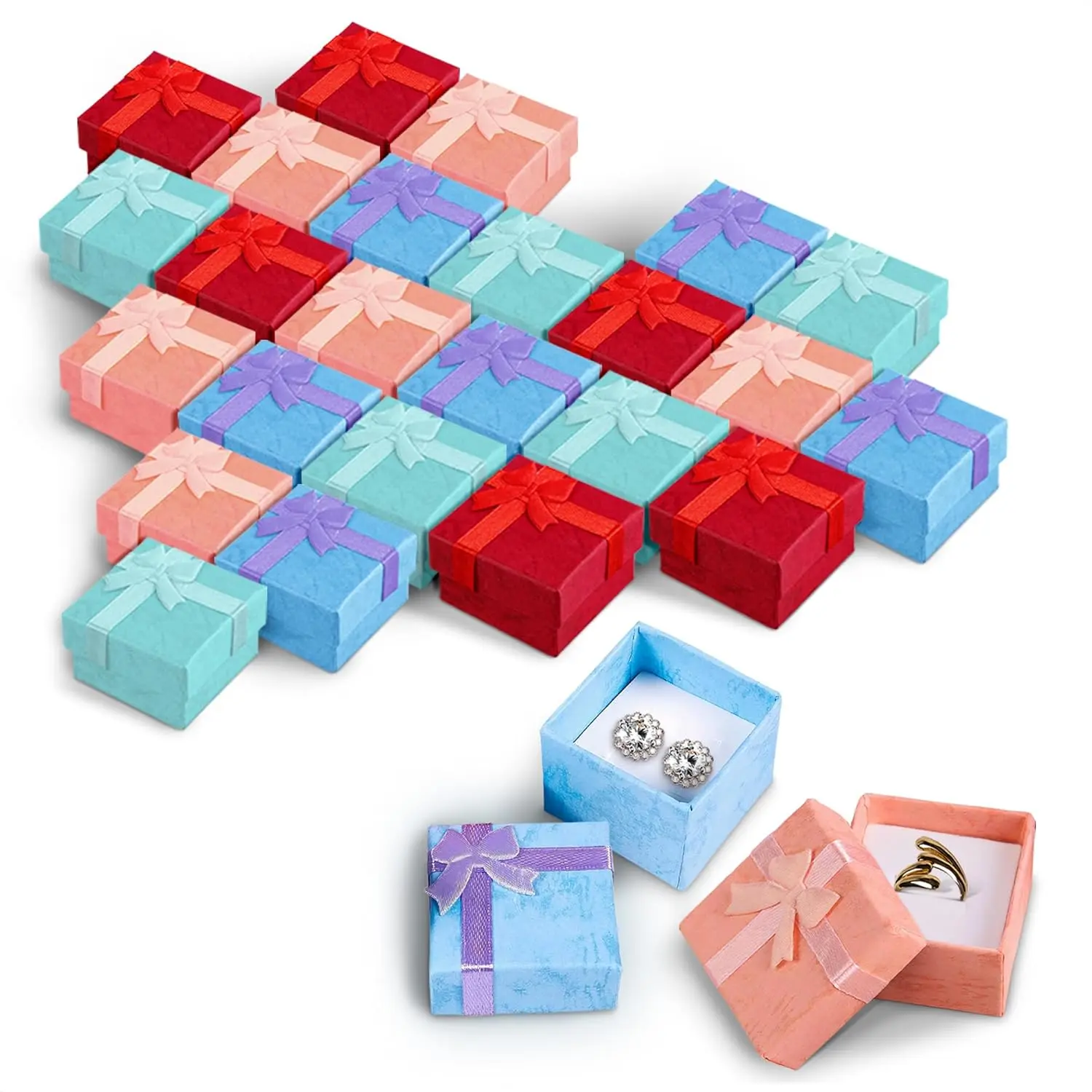 24 Pcs Earring Boxes for Jewelry Gift – Earring Gift Box for Studs and Rings 1.57 x 1.57”, Colorful Ring Boxes Bulk for Presents with Decorative Ribbon Bow – Lightweight Design for Special Moments