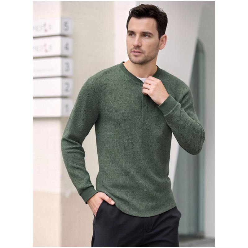 Men's Henley Shirts C Long Sleeve Basic Waffle Pique Pullover T-Shirt with Pocket Machine Washable Streetwear Top