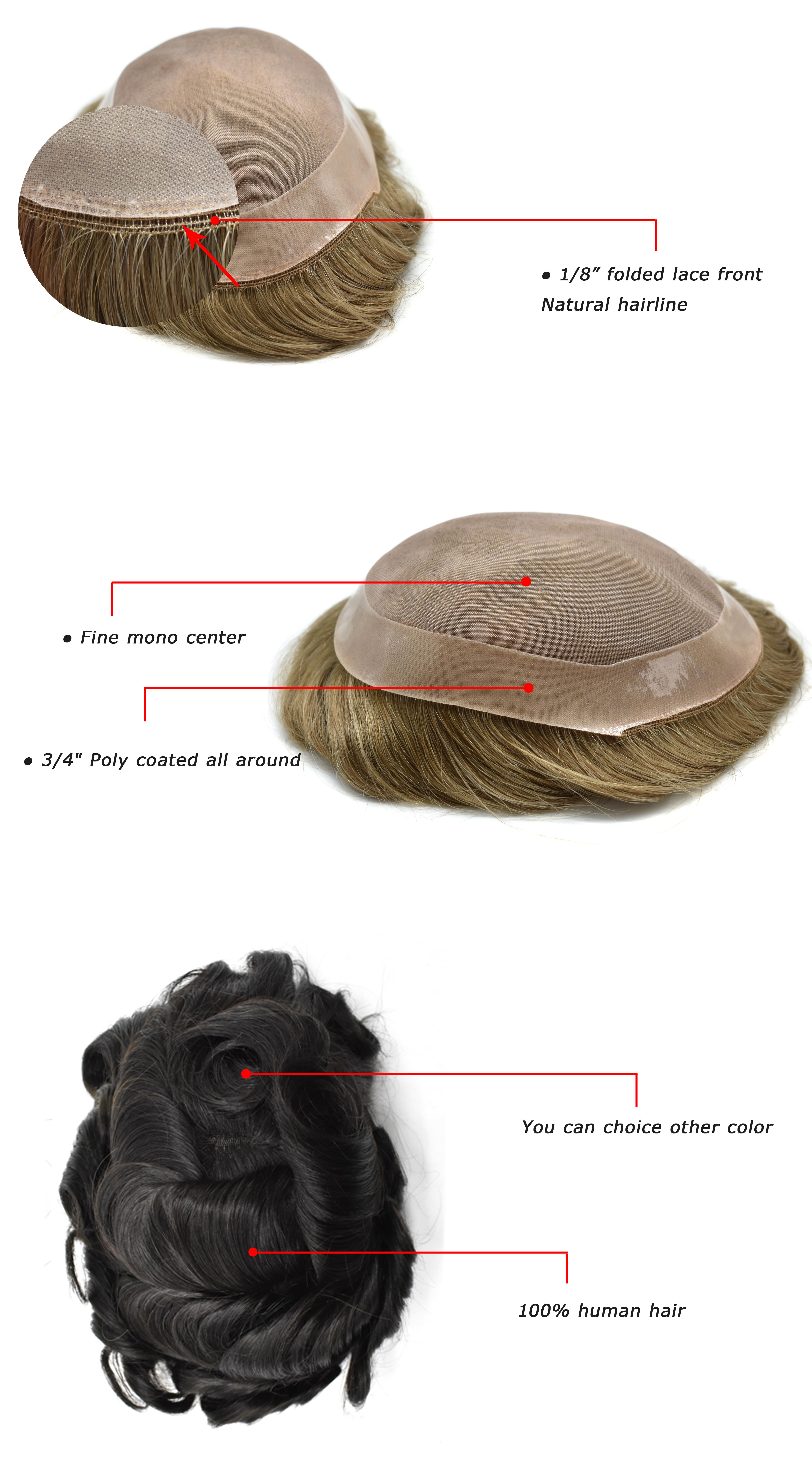 Hair Piece for Men Fine Mono Lace Mens Toupee NPU Coated Around Human Hair Replacement System For Men Wig Durable Fine Monofilament Hair Piece for Men hair prosthesis for men