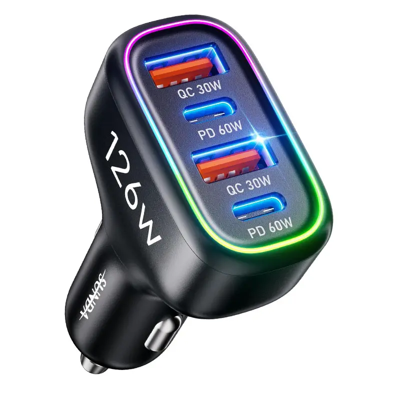 SUNDA 126W USB C Car Charger, 4-Port (2 USB-C + 2 USB-A) QC30W+ PD60W+PPS63W Fast Charging Cigarette Lighter Adapter for iPhone 17/16/15/Pro Max, Samsung Galaxy S26/S25/Ultra, MacBook/iPad/Laptop.