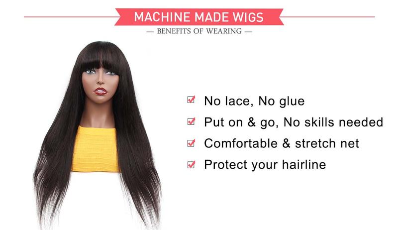 ISEE HAIR Straight Glueless Wig With Bangs Machine Made Sew In Wig Human Hair-Made Natural Black for Everyday Wear #Category Spotlight