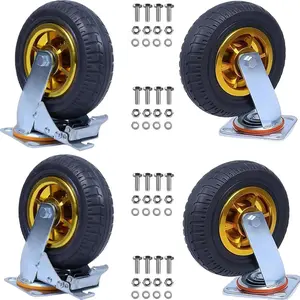 4 Pcs 8 Inch Caster Wheels, 3000Lbs Load Swivel Rubber Plate Caster with Top Plate and Screws, Heavy Duty Casters with 2 Brake Wheels for Furniture Transport, Industrial Transport