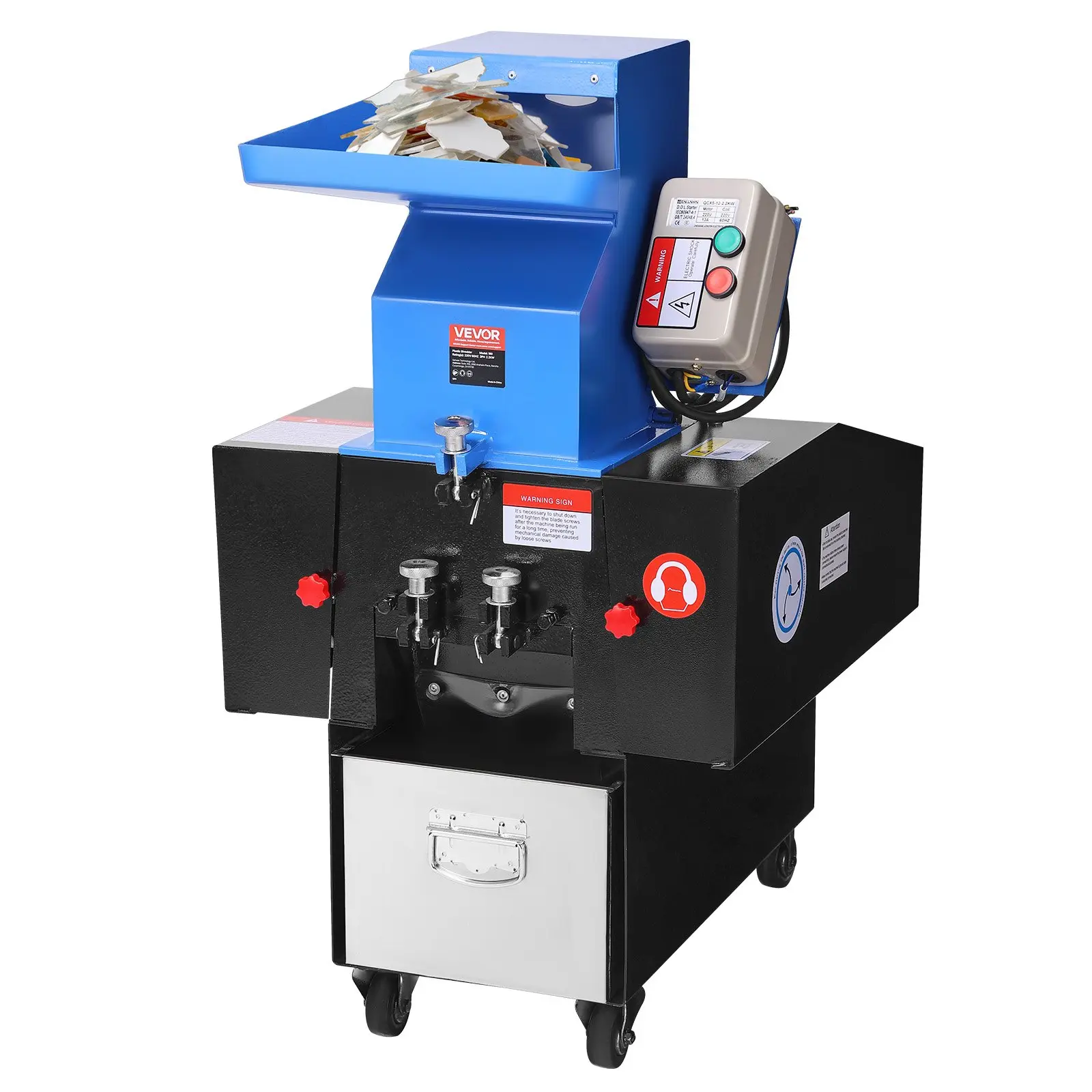 VEVOR Industrial Plastic Shredder Crusher, 3HP/2.2KW Grinding Granulator with SDK-11 Blade & 6mm Mesh, 100-150kg/h Capacity Pulverizer Recycling Machine with Wheels, for PVC ABS PTFE (220V 60Hz 3-Phase)