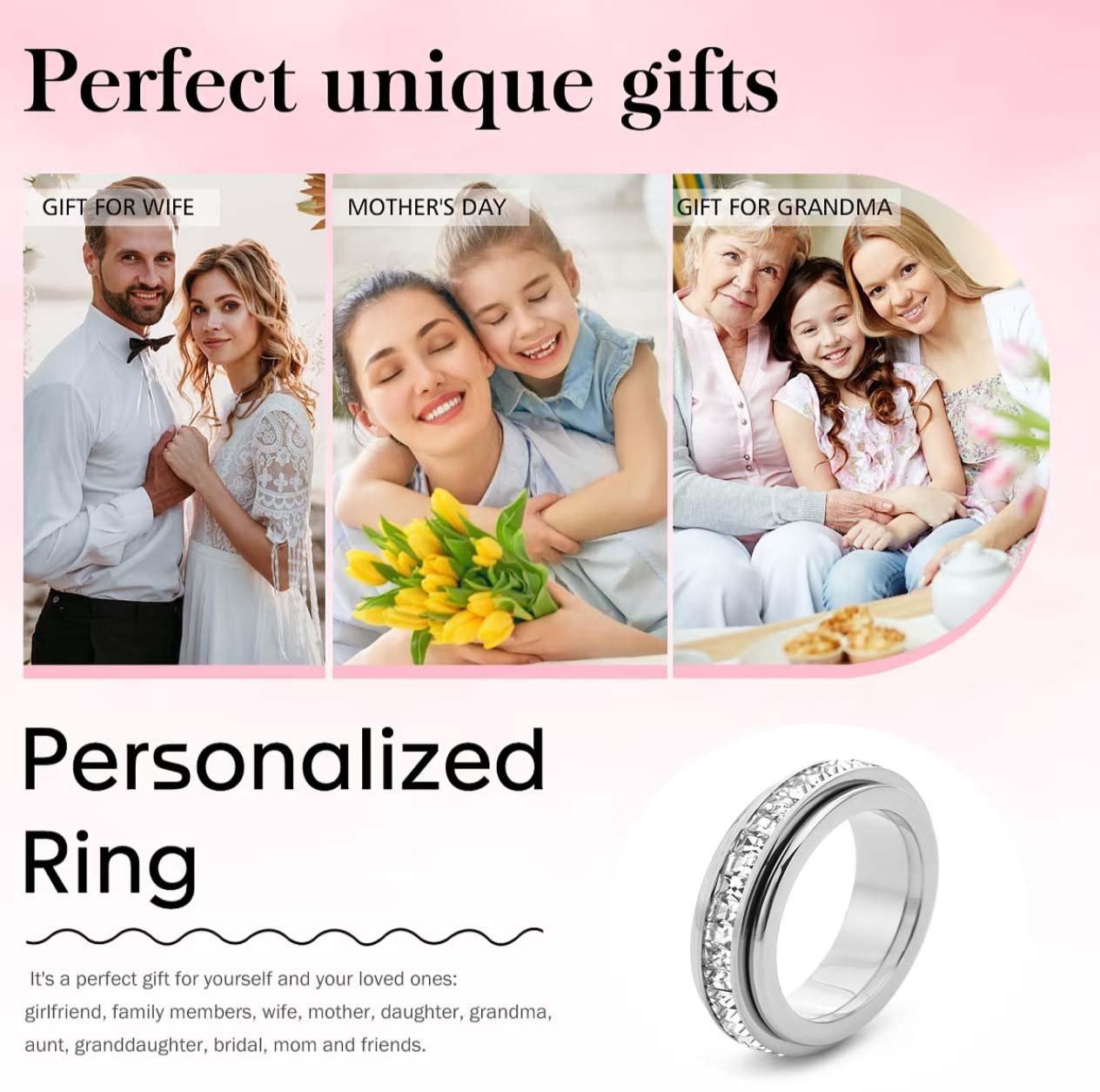 Unisex rotatable ring with sparkling cubic zirconia, a rotating design to relieve anxiety, comfortable to wear, available in sizes 5-12.A perfect Christmas or anniversary gift, comes with exquisite packaging.