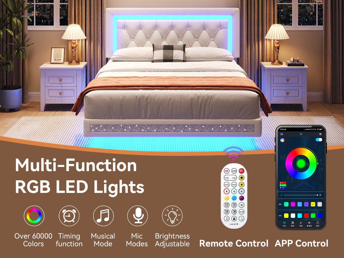 TryLazy Floating Bed Frame with LED Lights Upholstered Modern Platform Bed Diamond Tufted Headboard Noise Free Comfort