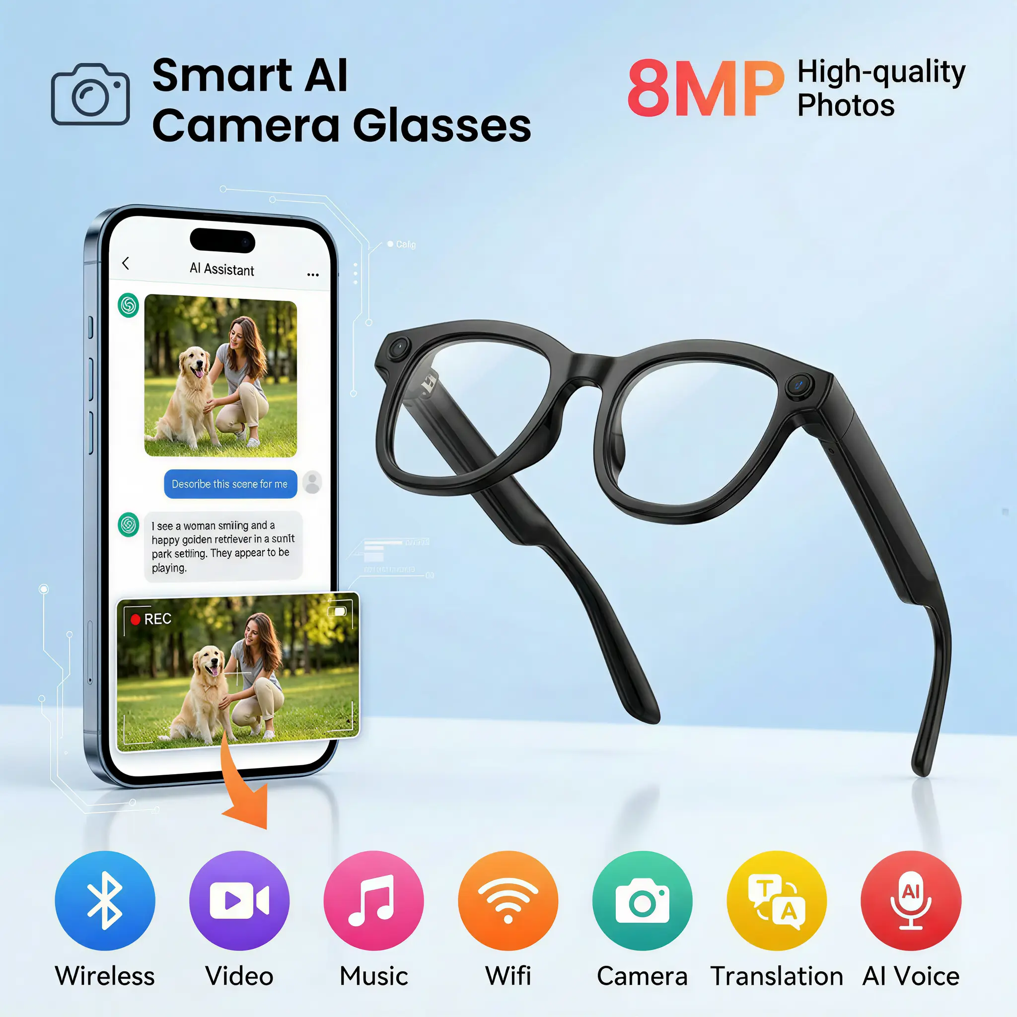AI Smart Camera Glasses POV Video Recording & 160+ Languages Real-Time Translation Bluetooth Audio Sunglasses – Hands-Free Vlogging Wearable for Travel Outdoor Content Creator Gift