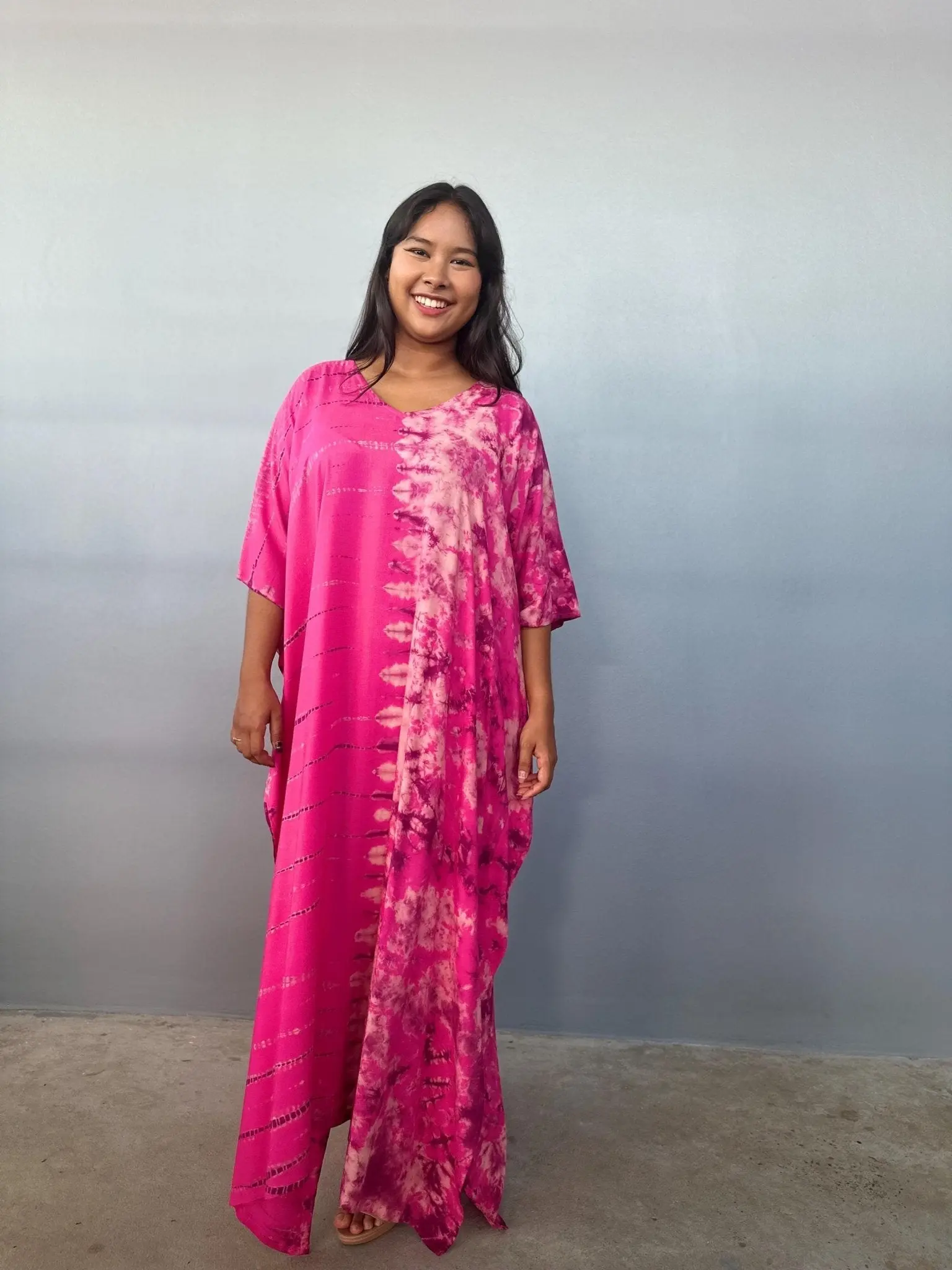 Women's Casual Eva Kaftan Dress Piece - Fuchsia Hand-Tied Dyed, Statement Gemini Pattern, Festival Beach Style