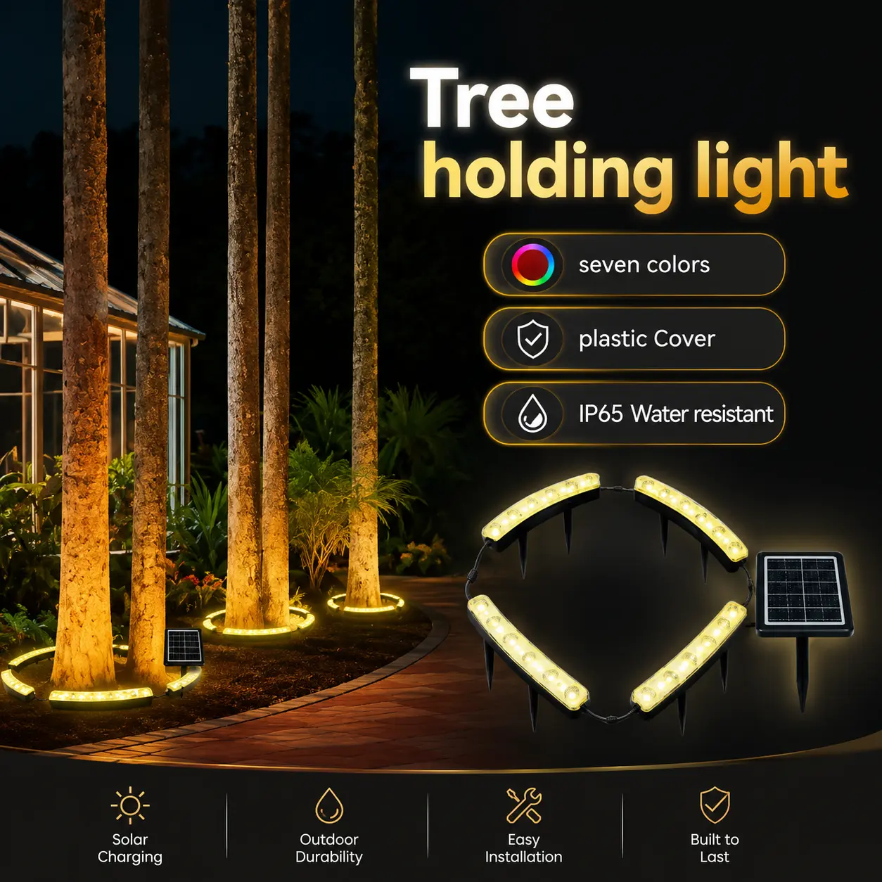 Solar Tree Lights Outdoor, Ring Solar Uplights for Trees with 3-in-1 Installation (Stake/Tie/Hang), Warm White and Colorful 3 Mode Landscape Lighting, 4 Ring Lights with 16.4 FT Extension Cable, IP65 Waterproof commercial outdoor decor path, Garden Lights
