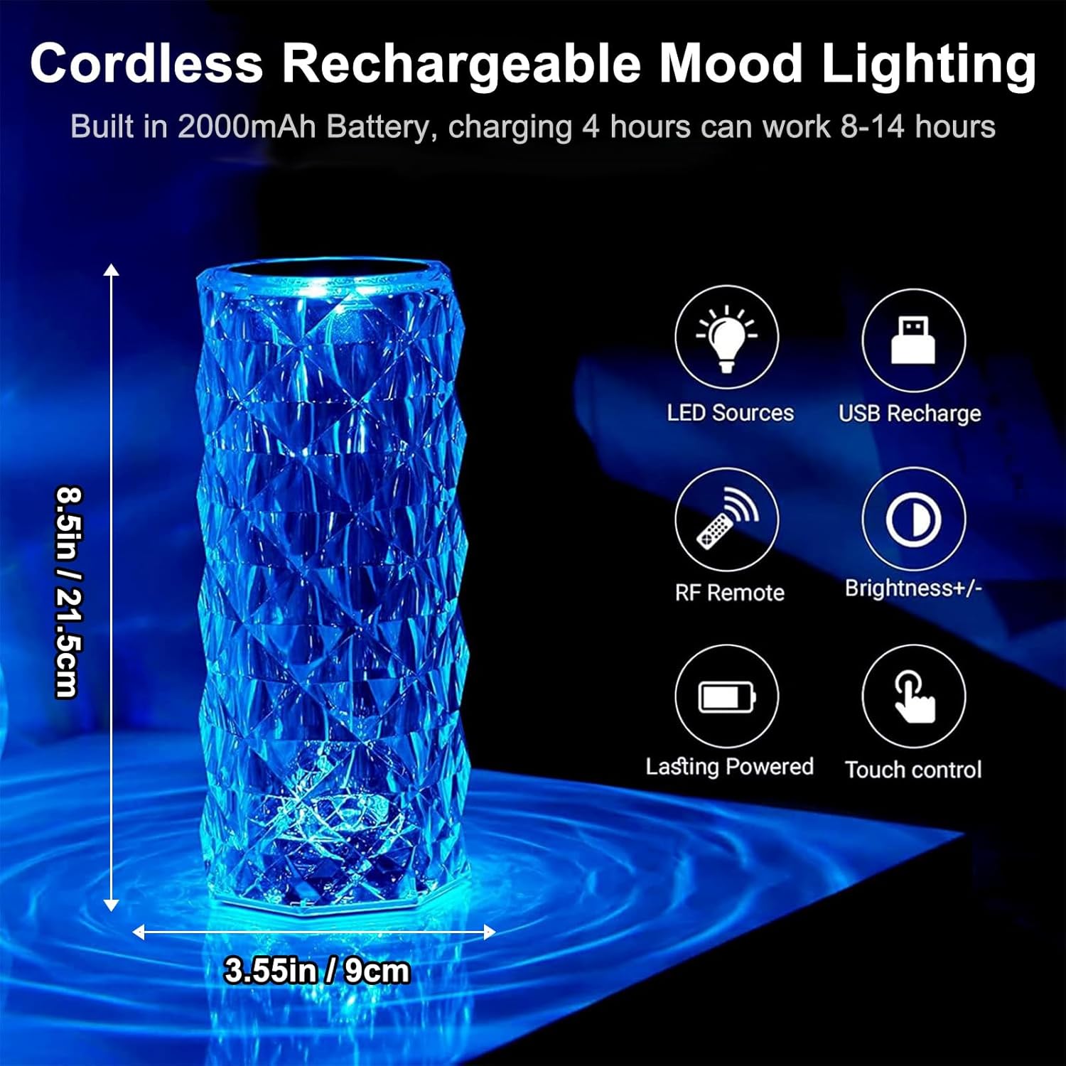 Crystal Table Lamp with Remote & Touch Control Rose Wave Lamp 4 Modes 16 Color Changing Night Light Rechargeable Dimmable RGB Rose Diamond Ambient Mood Lighting Portable Cordless Desk Lamp for Bedroom Living Room Party