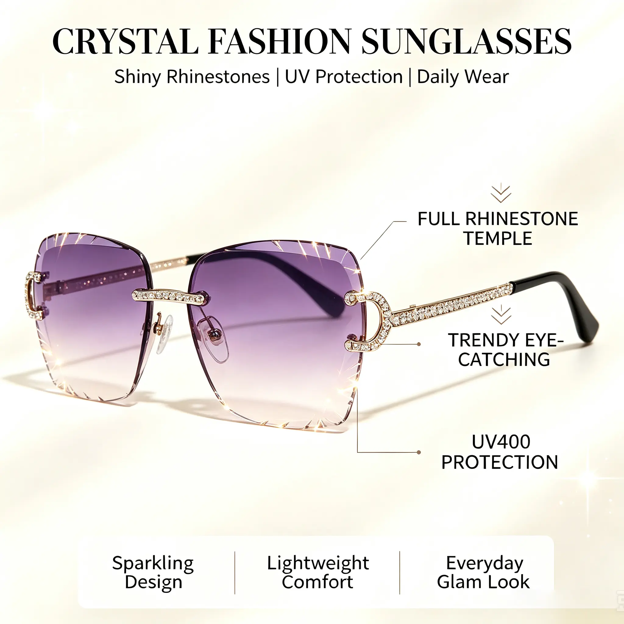 Rimless Square Gradient Sunglasses Vintage Diamond Cut Lens UV400 Protection Metal Frame for Men Women Fashion Trendy Eyewear