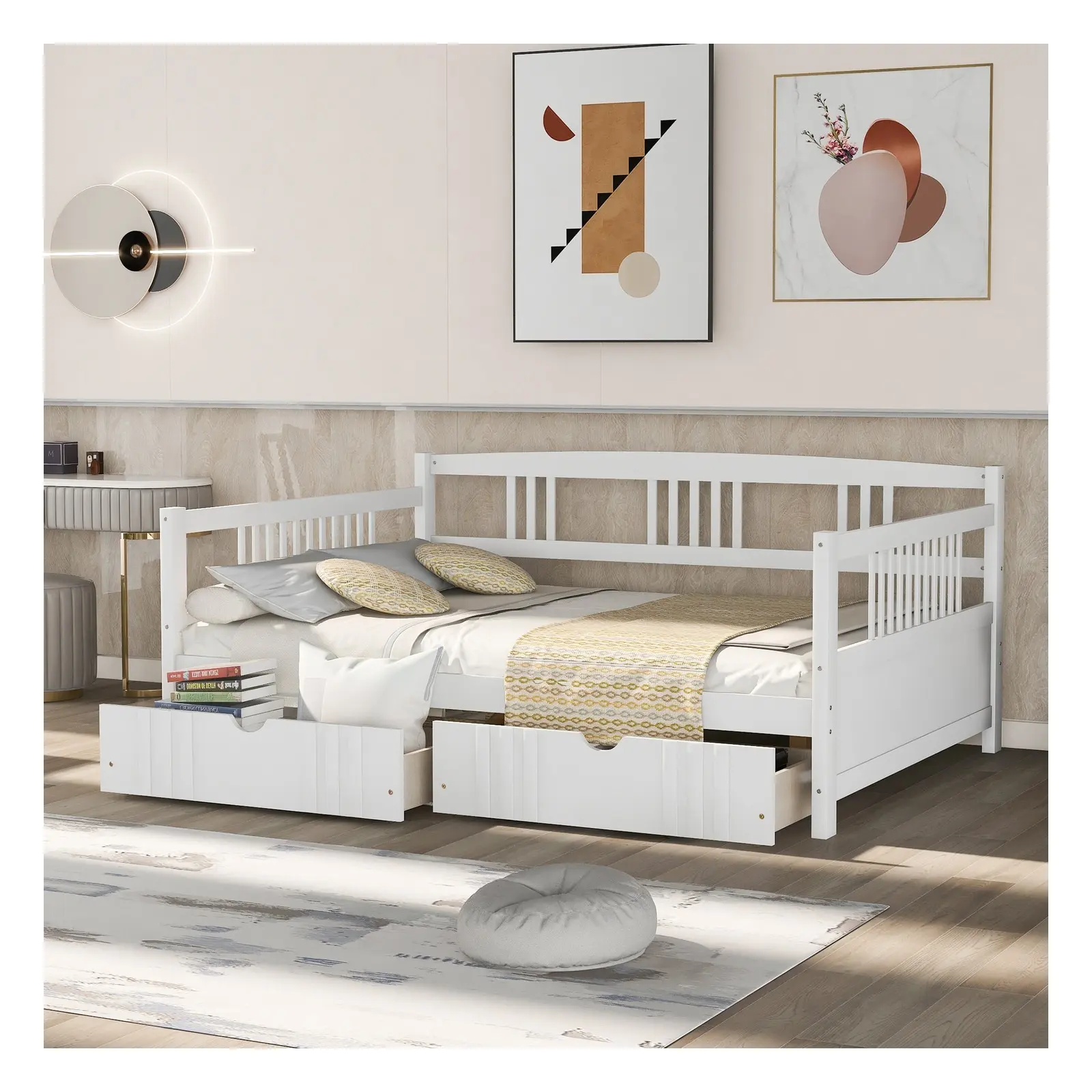 Full Size Wood Daybed Frame with Storage Drawers and Space-Saving Design, Espresso/White/Gray