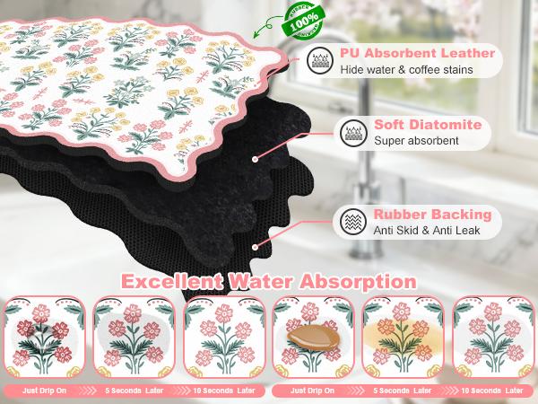 LOKHOM Scalloped Floral Dish Drying Mat for Kitchen Counter, 18"x24" Absorbent Coffee Bar Mat with Vintage Sage Flower Herbs, Dish Drainer Rack Mat for Kitchen Counter Coasters Tableware Colorful