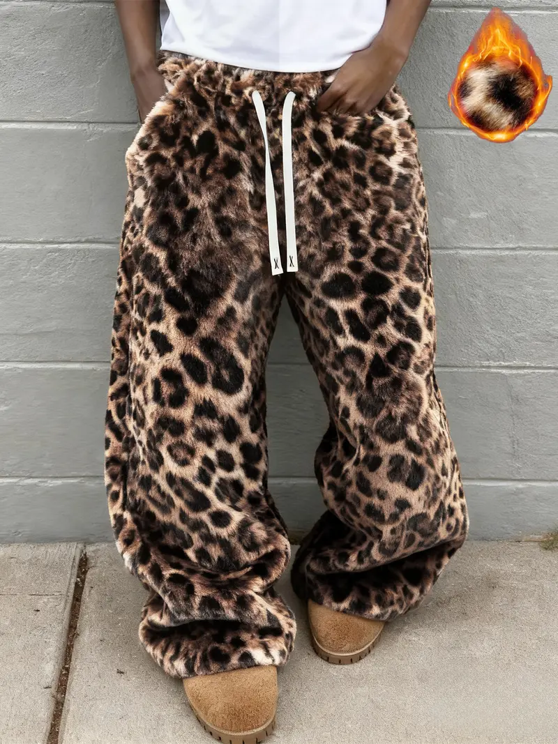 Unisex Leopard Camo Fleece Wide Leg Pants, Soft Rabbit Fur Fabric, Fall & Winter Warm Comfort, Street Hip Hop Style, Daily Wear
