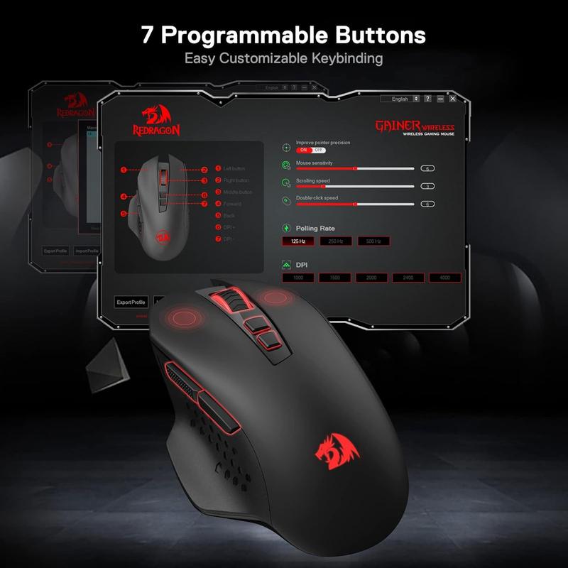 Redragon M656 Gainer Wireless Gaming Mouse, 4000 DPI 2.4Ghz Gamer Mouse w/ 5 DPI Levels, 7 Macro Buttons, Red LED Backlit & Pro Software/Drive Supported, for PC/Mac/Laptop