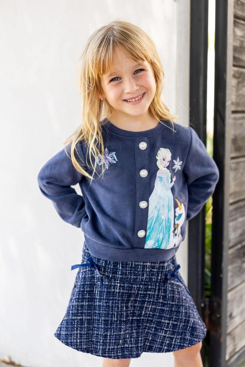 Disney Frozen Elsa Stitch Princess Moana Minnie Toddler Girl 2 Piece Outfit Pearl Button Knit Top & Tweed Skirt Set 2-6Y