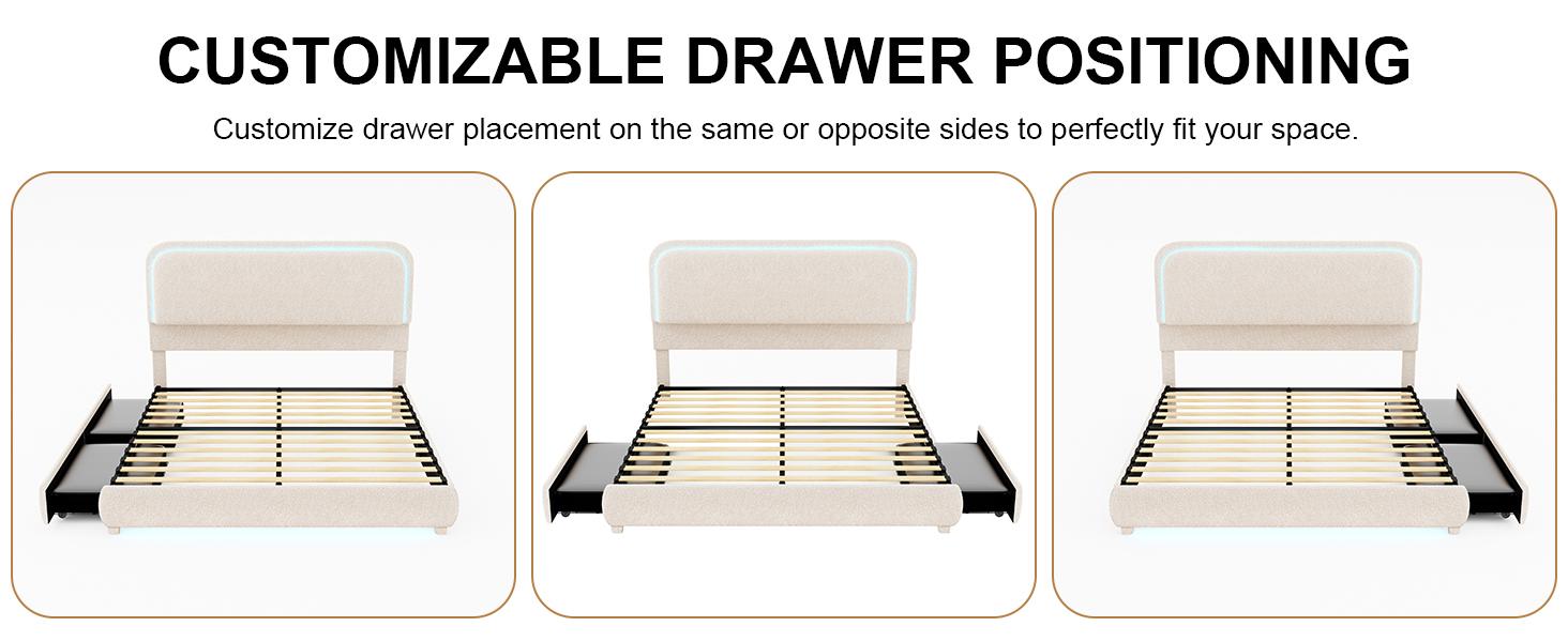 New Arrival Queen LED Bed Frame with 2 Drawers, Teddy Fleece Rounded Upholstered Platform, Headboard, No Box Spring, Quiet, Easy Assembly-Cream,Pink