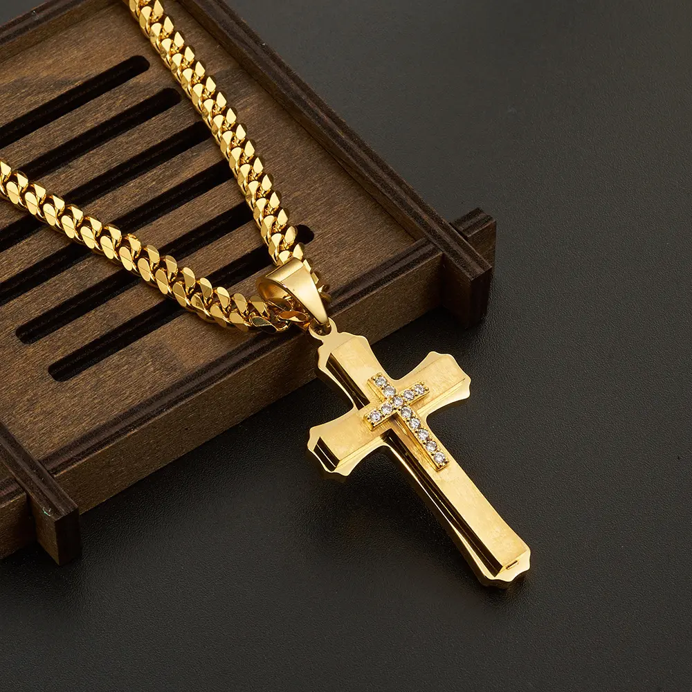 Men's Three-layer Cross Pendant with Zircon and 6mm Byzantine Chain, The Best Gift for Men