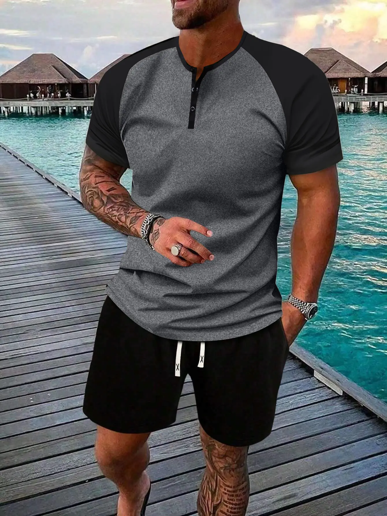 Men’s lightweight summer short-sleeve raglan Henley T-shirt casual athletic set stylish casual vacation fishing camping outdoor top with pockets and elastic drawstring pants two-piece gift for boyfriend or husband Clothes Menswear Small Suits