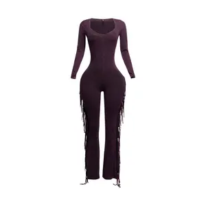 Women's Mineral Washed Fringed Jumpsuit - Long Sleeve Cotton Overall
