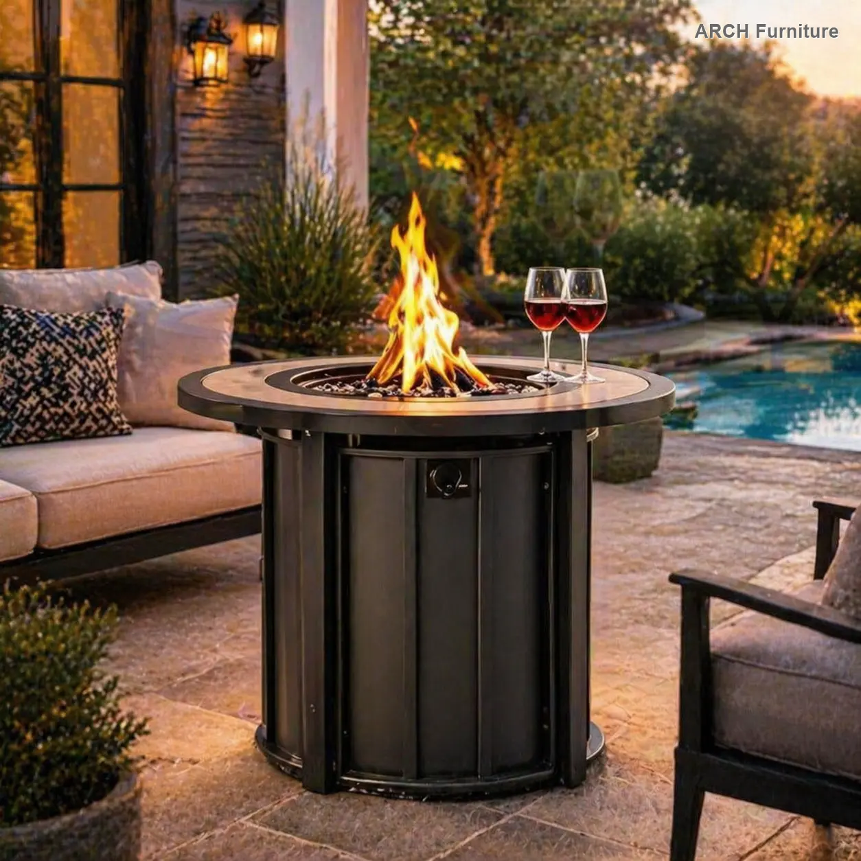 30 in Round Steel Frame Gas Fire Pit Table - 50000 BTU Weather-Resistant Smokeless Gas-Powered Outdoor Fireplace, Mosaic Ceramic Top, Patio & Backyard Furniture, Gas-Powered Outdoor Fireplaces