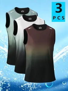 Pack of 3 crewneck casual athletic sleeveless T-shirts/tank tops, suitable for summer gym workouts and running; ideal for sports and casual wear; gradient-color casual tank tops.