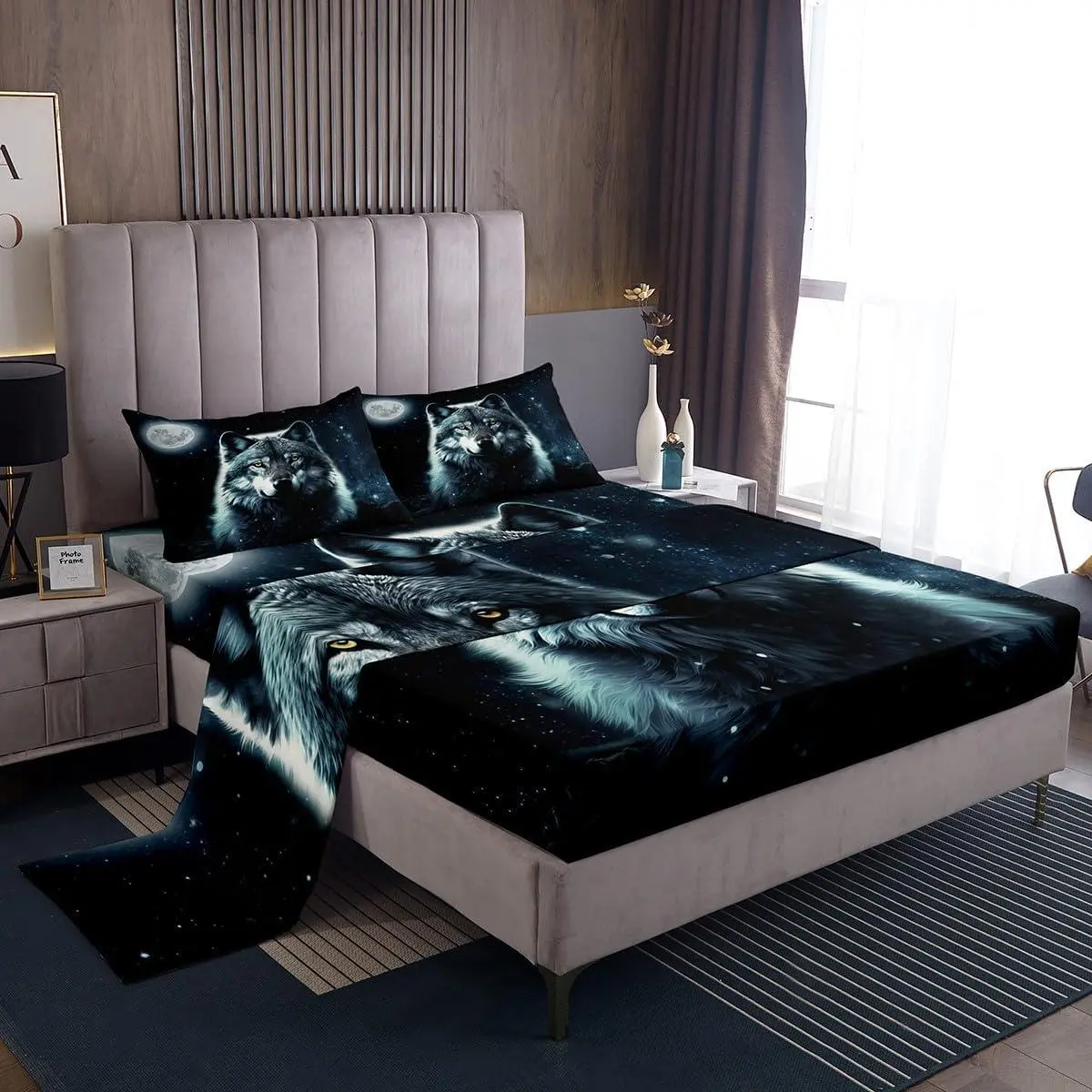 Galaxy Wolf Sheet Set,Wild Animal Theme Bed Sheet Set with Deep Pocket Fitted Sheet + Flat Sheet + Pillowcases,Blue Starry Sky Moon Bedding Set Room Decor