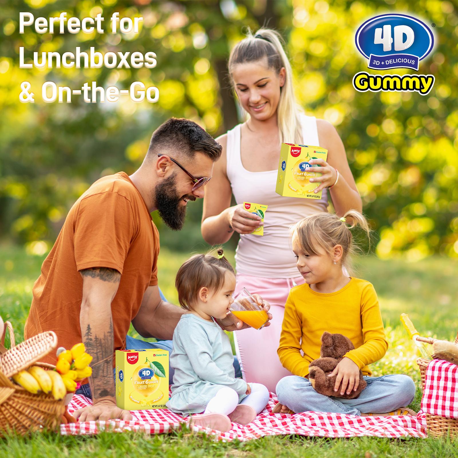 AMOS 4D Fruit Gummy - New Lemon Explosion 240g Bulk Pack Juicy Peach Strawberry Grape Pineapple Lemon Chewy Sweet Candy Fruit Snack Gluten Free Real Juice - Candy