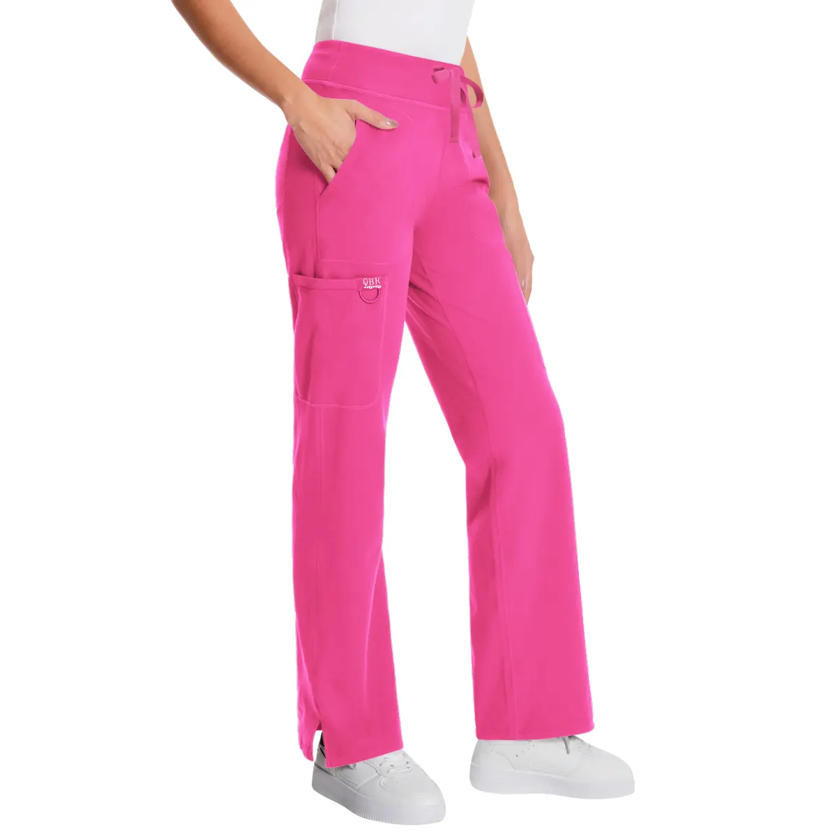 QBK Women's Yoga Scrub Pants - Flared Mid Rise Medical Pants with 5 Pockets (Includes Cargo) | 4-Way Stretch Fabric Trouser Nylon Activewear For Fitness Breathable Athletic Bottoms