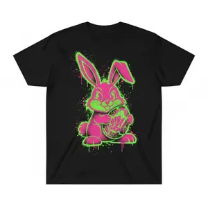 Neon Graffiti Bunny T Shirt for Men Streetwear Cyberpunk Rabbit Graphic Cotton Crew Neck Top