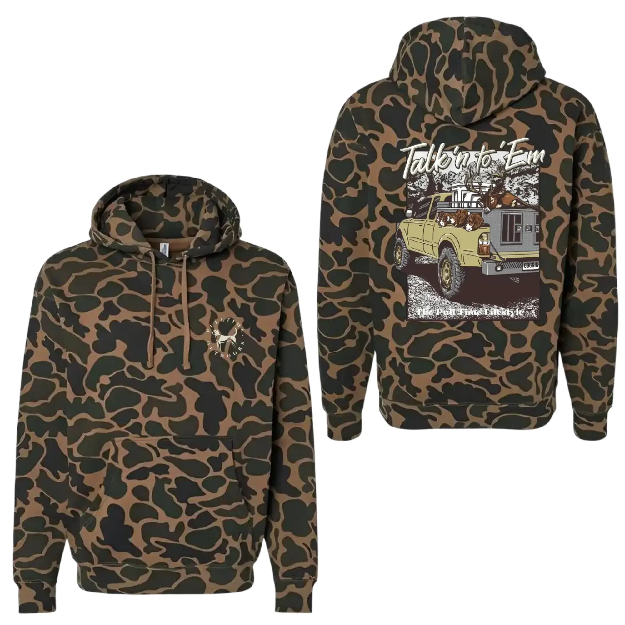 Talk'n to 'Em,Deer Dogs Camo 3D Hoodie, Pull Time Men's Hunting Camo Hoodie, Vintage 3D , Gift Idea, Gift for Dad or Husband,Perfect For Outdoor Enthusiasts