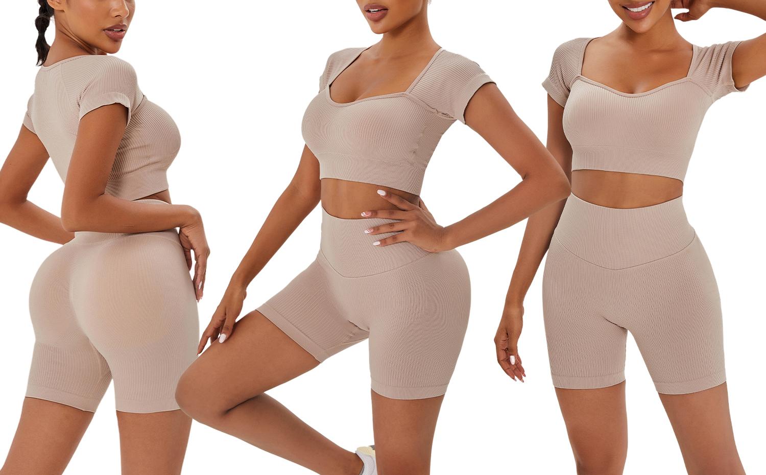 Women's 2PCS Solid Color High Waist Gym Shorts Biker Shouts Athletic Workout Shorts Yoga Gym Exercise Supportive Compression Leggings Biker Shorts