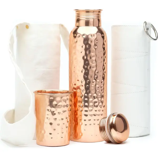 100% Pure Copper Water Bottle & Tumbler Set 32 oz Leak-Proof, BPA-Free with Canvas Bag & Decorative Sleeve for Health & Wellness Drinkware Lid