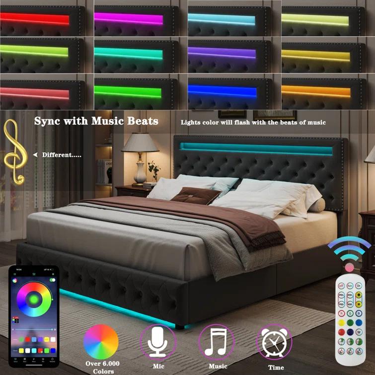GEGOFORU Full LED Storage Bed Frame with 4 Drawers, RGB Upholstered Headboard with APP Control & Music Sync, Adjustable Headboard, No Box Spring Needed