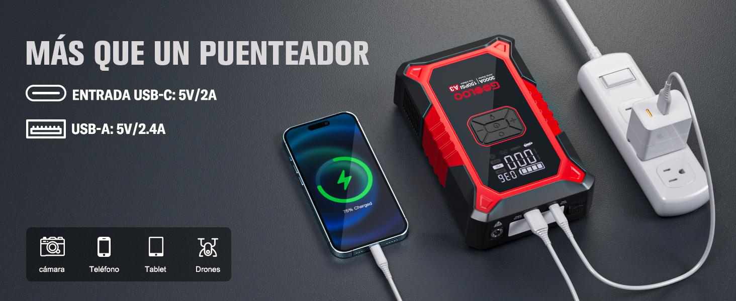 GOOLOO A3 Arrancador de batería con compresor de aire, 3000 A portátil de batería de coche (9,0 gasolina/6,5 L diésel) con inflador de neumáticos de apagado automático de 150 PSI, caja de salto de litio supersegura de 12V, arrancador de batería de coche