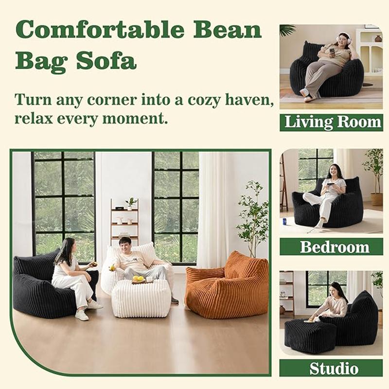 【Valentine's Day gift】Oversize Giant Boneless Couch Bean Bag Soft Plush Corduroy with High-Rebound Memory Foam Filling Machine Washable Comfortable Sofa Chair w/Ottoman 5-Zone Support
