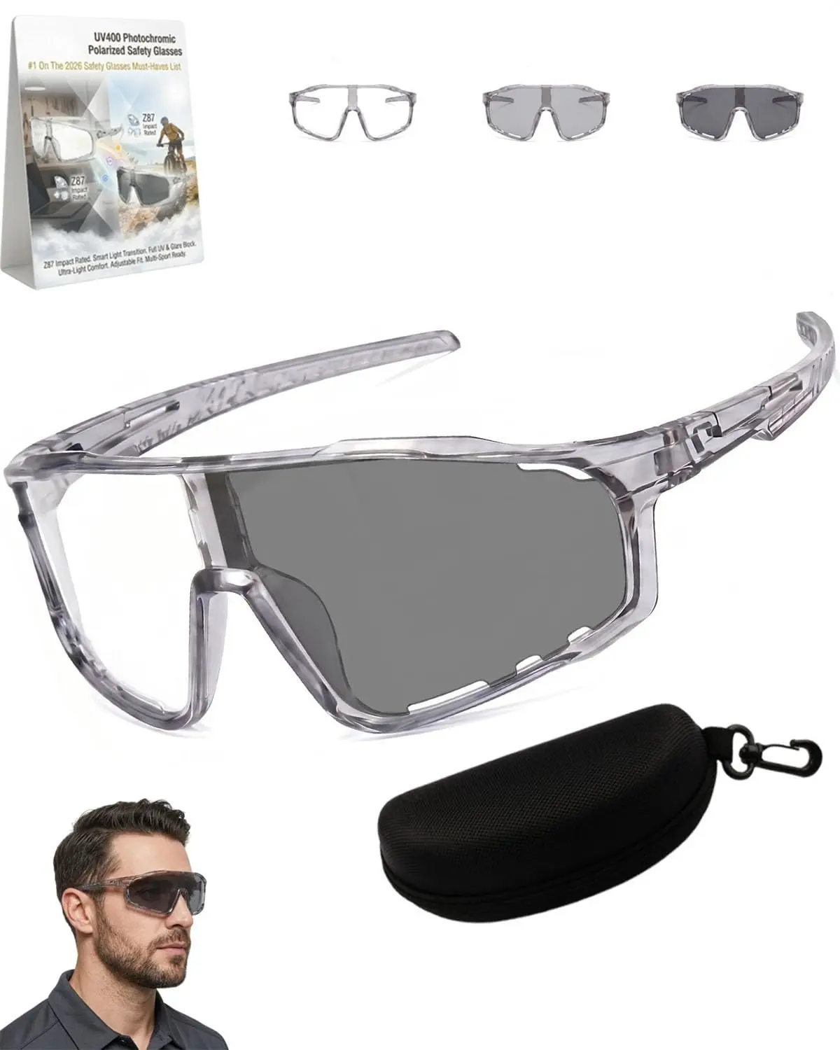 Auto photochromic polarized safety glasses with ANSI Z87.1 impact certification, full UV400 protection & anti-fog coating. Fits cycling, construction DIY, running, hiking and daily use, all-day comfy wear with free protective case!