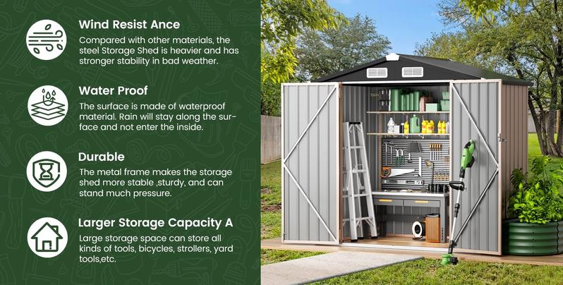 GVDV 6x4 FT Outdoor Metal Storage Shed, Durable Garden Shed with Updated Frame Structure for Backyard, Patio, Tool Storage, All-Weather Shelter for Bike, Gardening Tools, Equipment, Pet