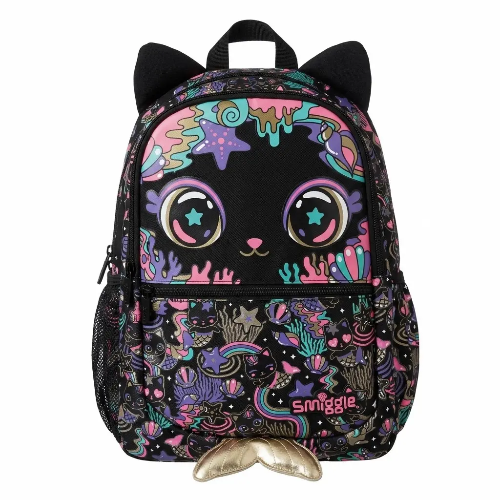 Smiggle Black Mermaid Cat School Backpack 3D Ears & Tail Bookbag Large Travel Bag for Girls